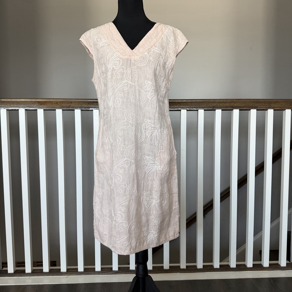 Lina Tomei Made In Italy Pink Embroidered Linen Dress S Cottagecore Romantic